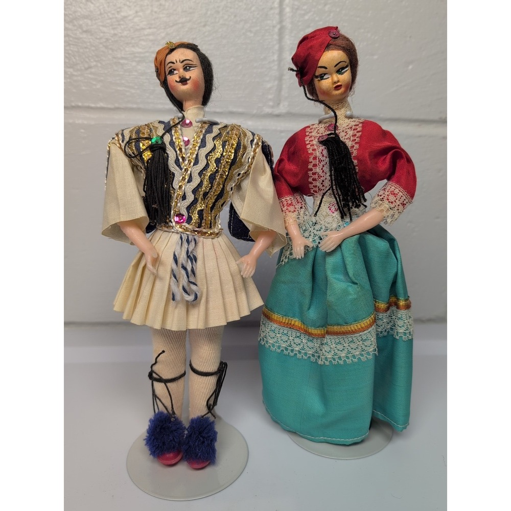 Vintage Greek Doll 9.5" Male Female Pair Traditional Greek Folk Costume